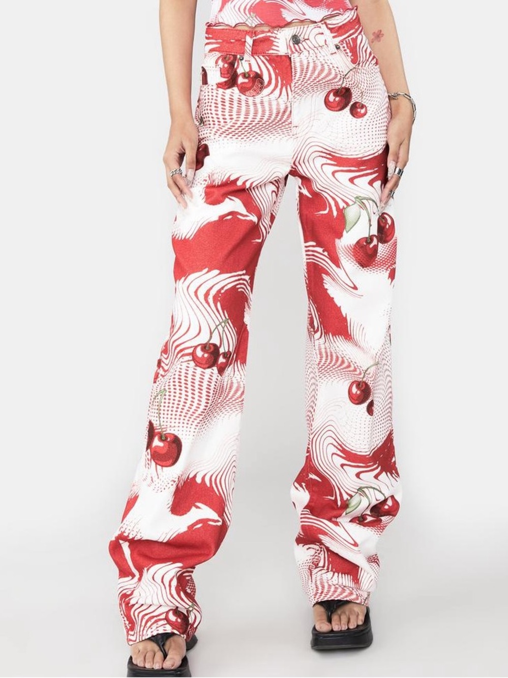 Jaded London Red and White Cherry-Print Boyfriend Jeans- 23 petite